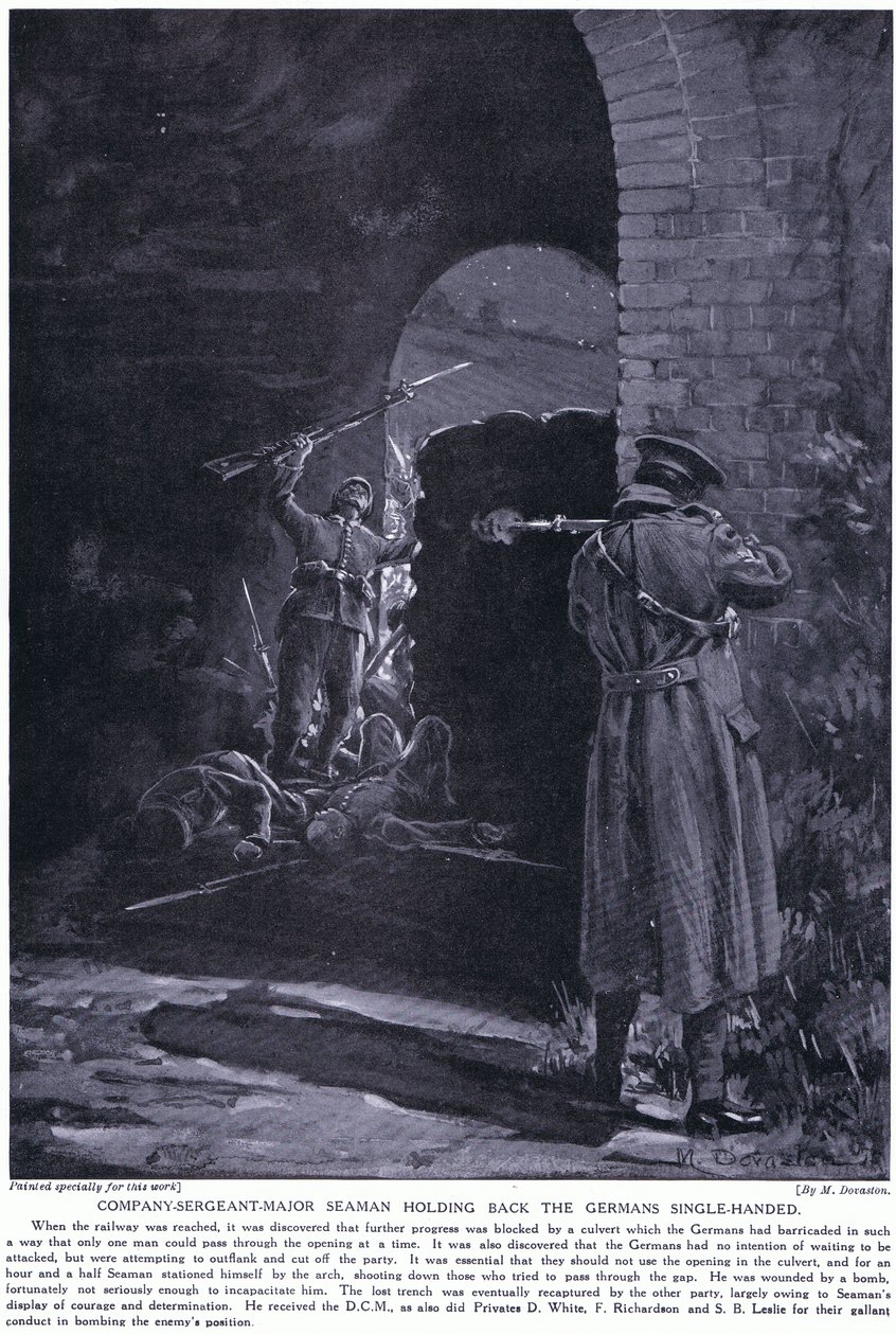 Kompagniets sergent major Seaman vandt et DCM for egenhændigt at have afværget et tysk angreb i februar 1915 (litografi) af Margaret Dovaston