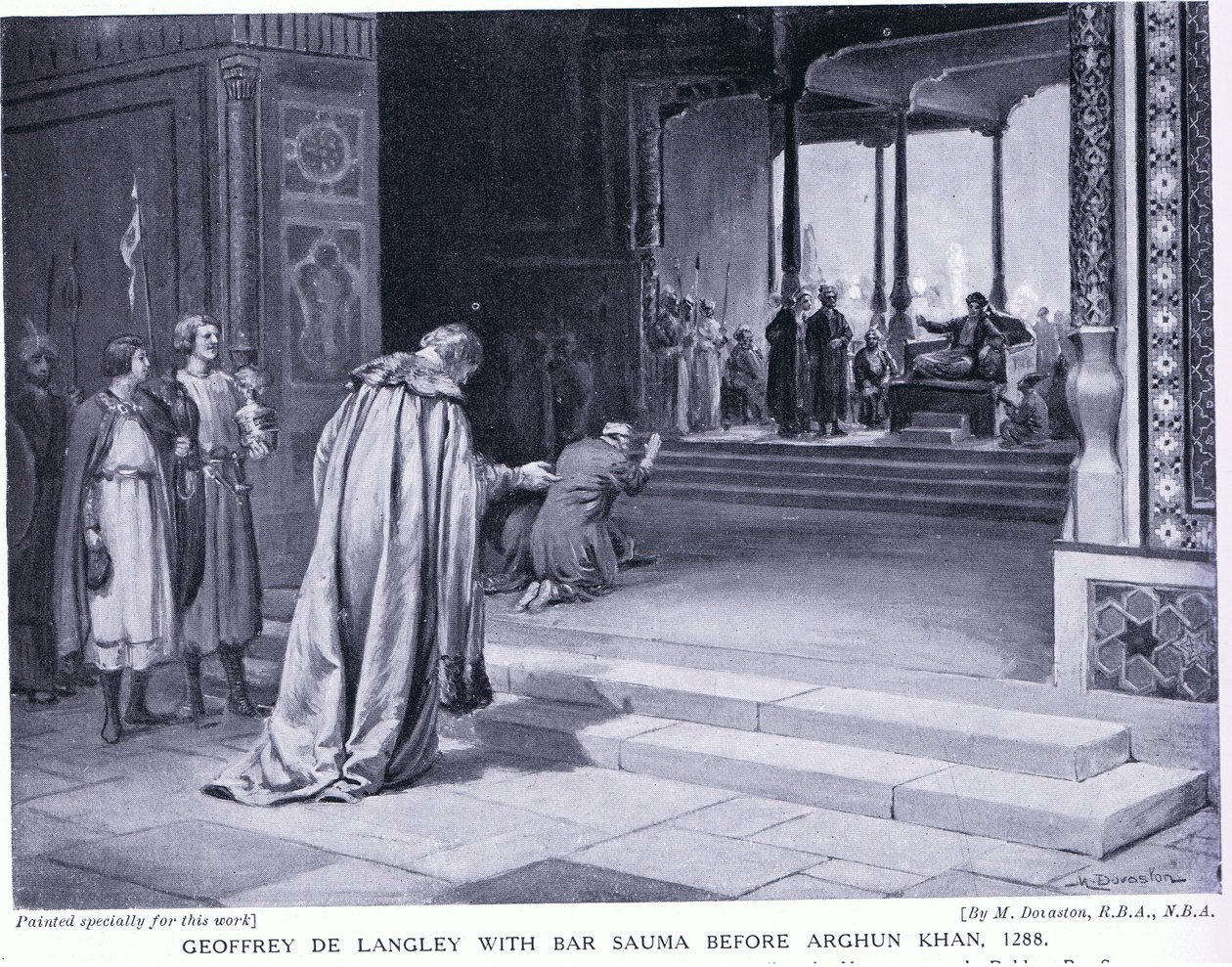 Geoffrey de Langley med Bar Sauma foran Arghun Khan 1288AD (litografi) af Margaret Dovaston