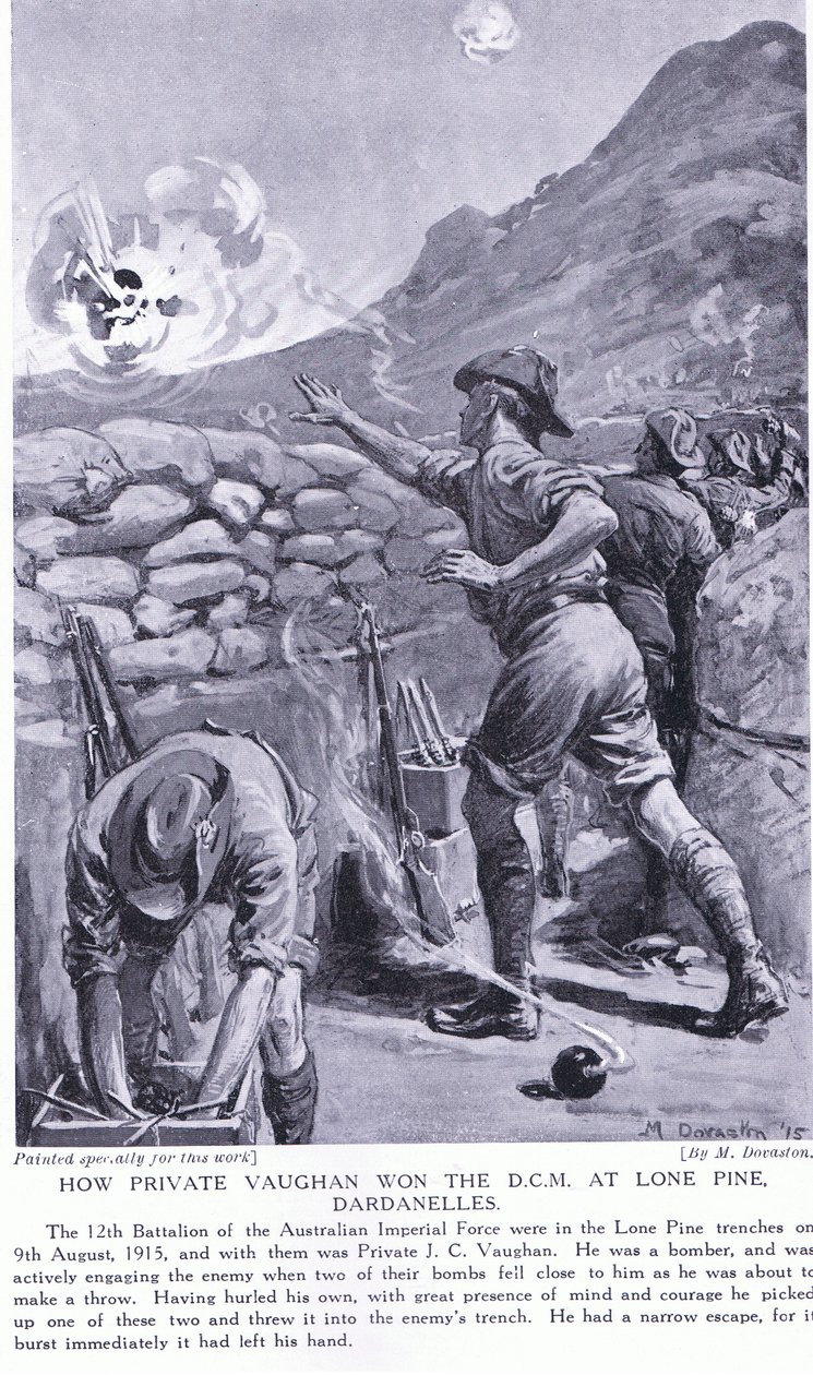 Hvordan menig Vaughan vandt DCM ved Lone Pine Dardanellerne august 1915 (litografi) af Margaret Dovaston