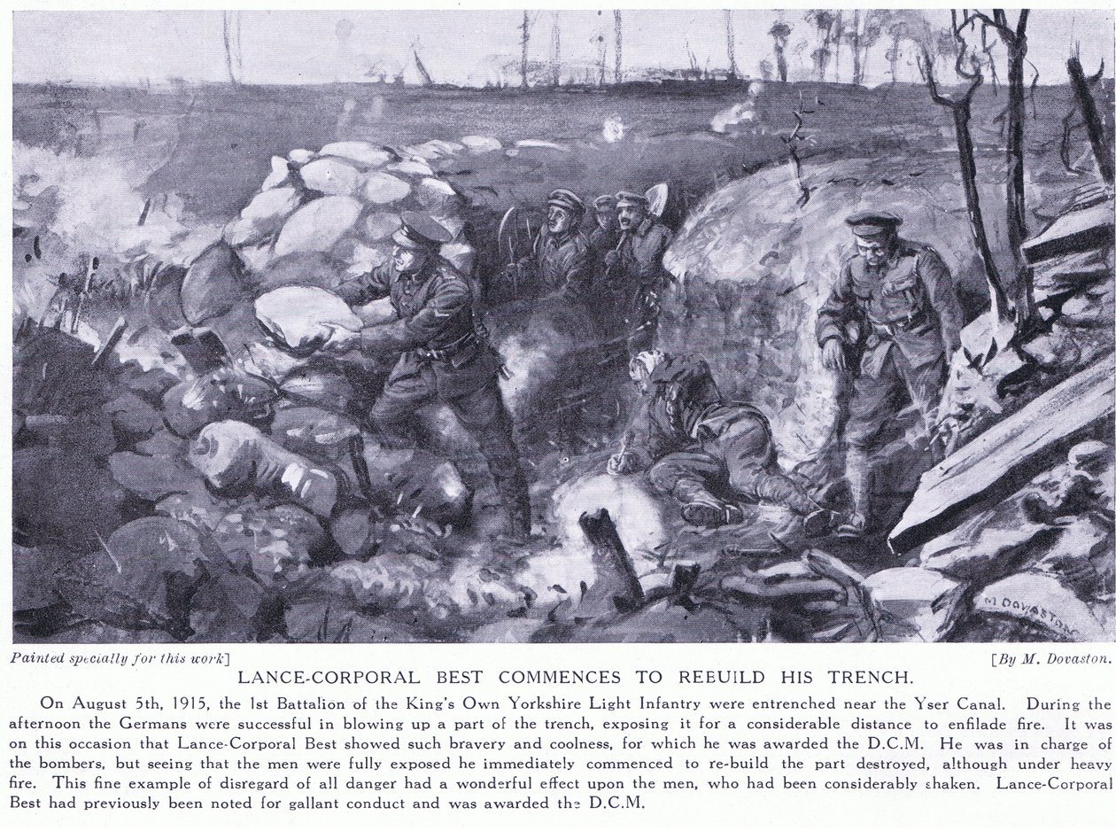 Underkorporal Best blev tildelt en DCM for at begynde at genopbygge sin skyttegrav ved Yser-kanalen under kraftig beskydning i august 1915 (litografi). af Margaret Dovaston