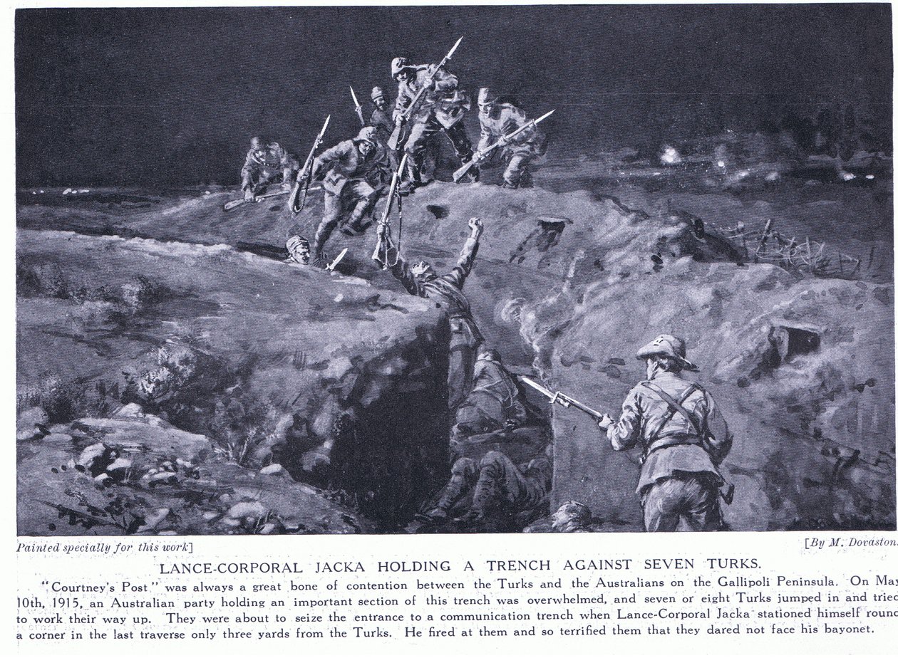 Underkorporal Jacka vinder en VC ved at vise, hvordan én mand kan slå syv maj 1915 (litografi) af Margaret Dovaston