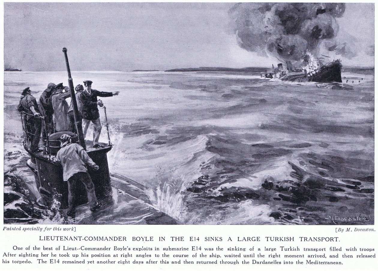 Kaptajnløjtnant Boyle i E14 sænker en stor tyrkisk transport i 1915 (litografi) af Margaret Dovaston