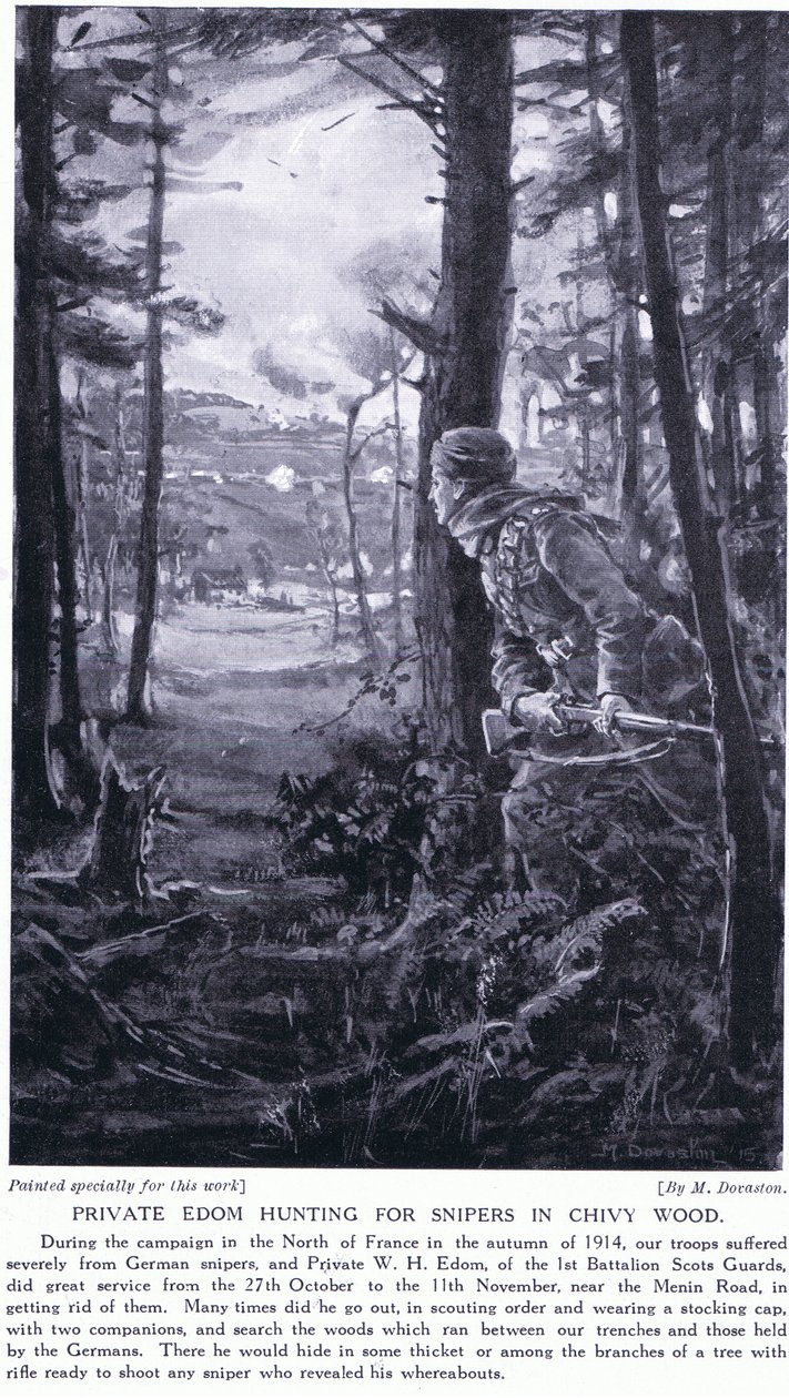 Menig Edom på jagt efter snigskytter i Chivy Wood, efteråret 1914 (litografi) af Margaret Dovaston