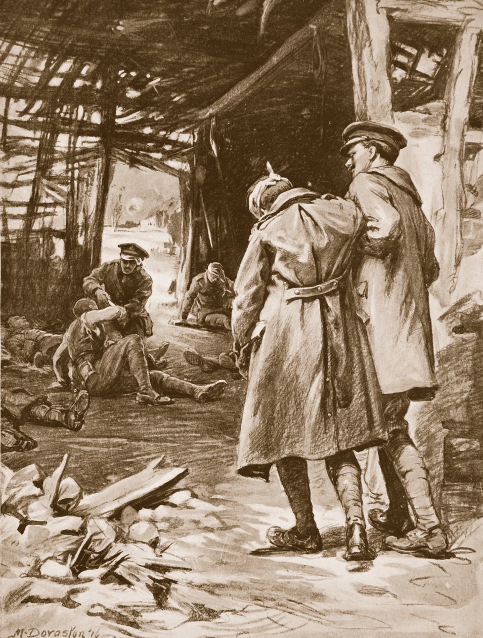Menig J.S. Kerr yder førstehjælp til de sårede på en gård, der blev kraftigt beskudt (litografi) af Margaret Dovaston