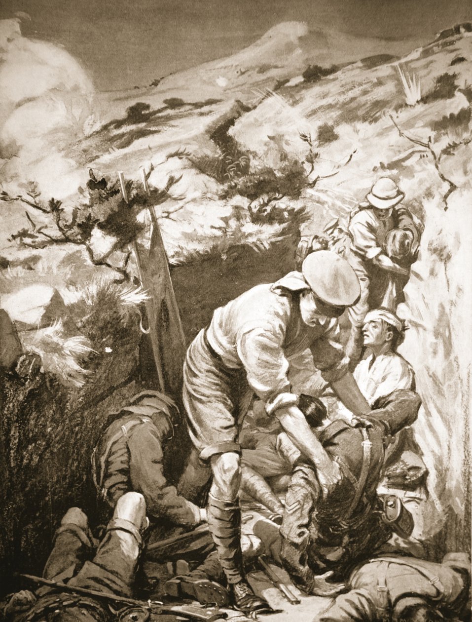 Menige Druall og Smith fjerner de sårede fra en sæk, der var ubeskyttet og udsat for kraftig beskydning (litografi) af Margaret Dovaston