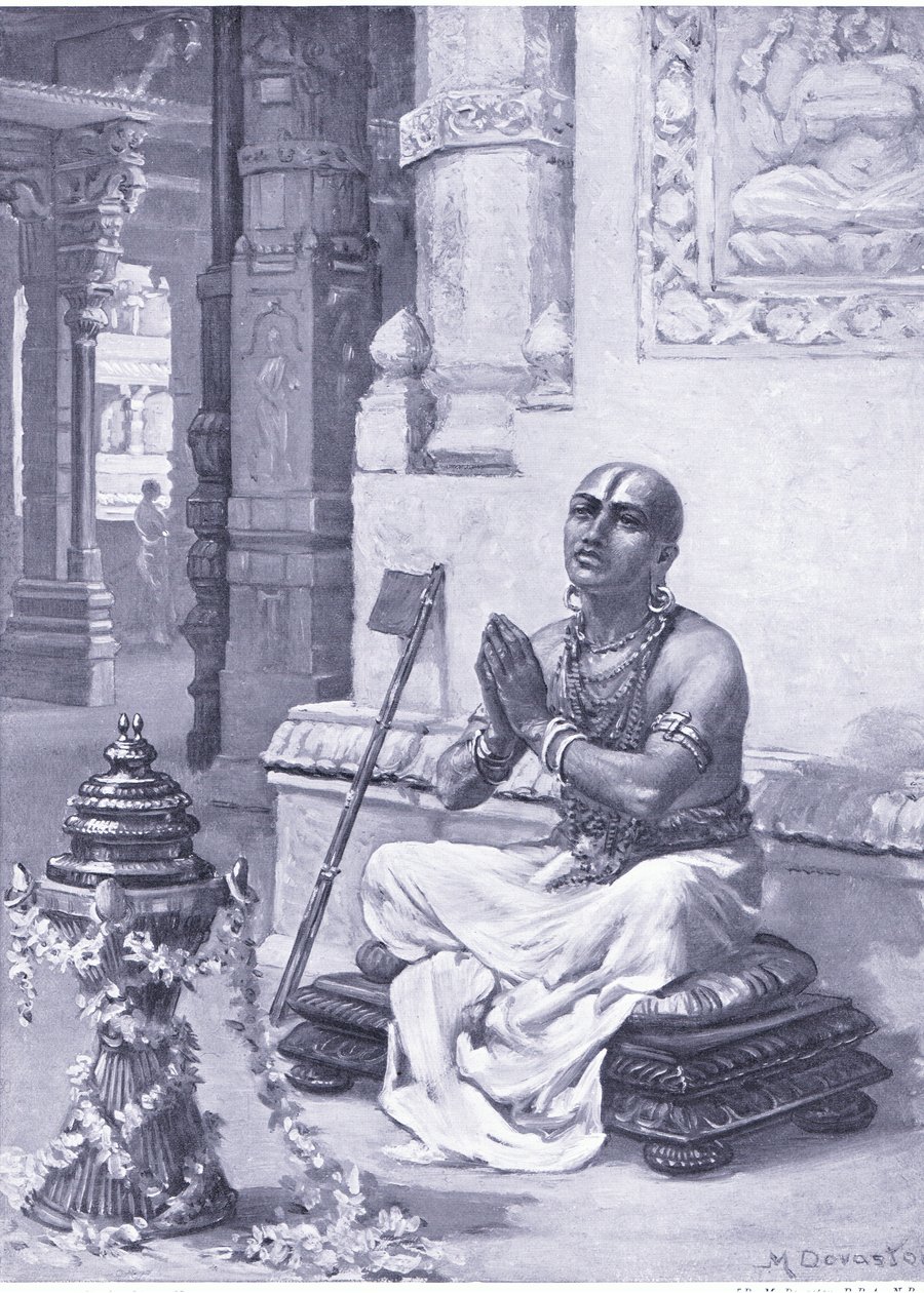 Ramanuja overvejer sin filosofi om den ene personlige Gud 1100 e.Kr (litografi) af Margaret Dovaston