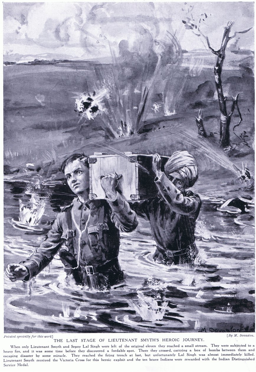 Sidste etape af løjtnant Smyths heltemodige rejse: Tildelt Victoriakorset i maj 1915 (litografi) af Margaret Dovaston