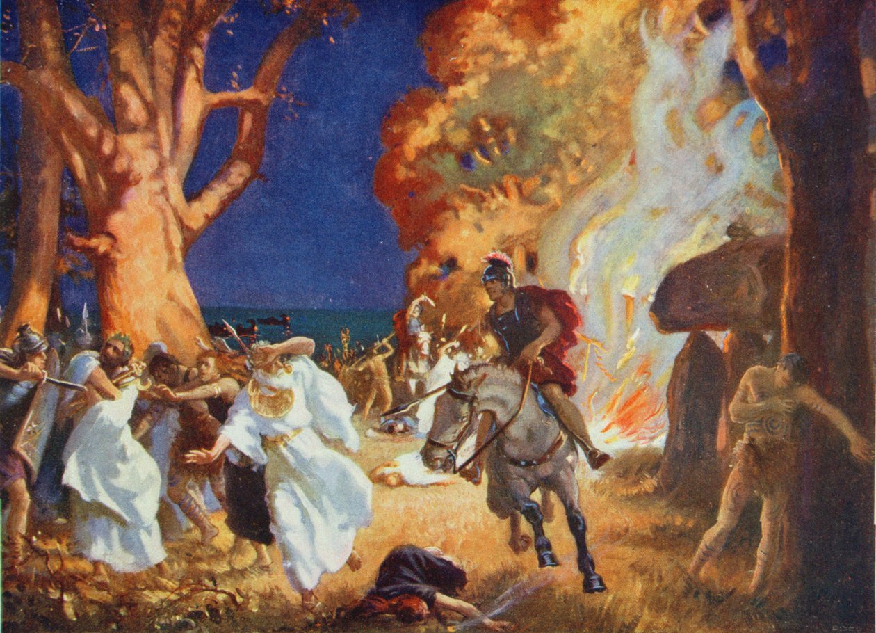 Romernes massakre på druiderne på Anglesey i 60 e.Kr., illustration fra 