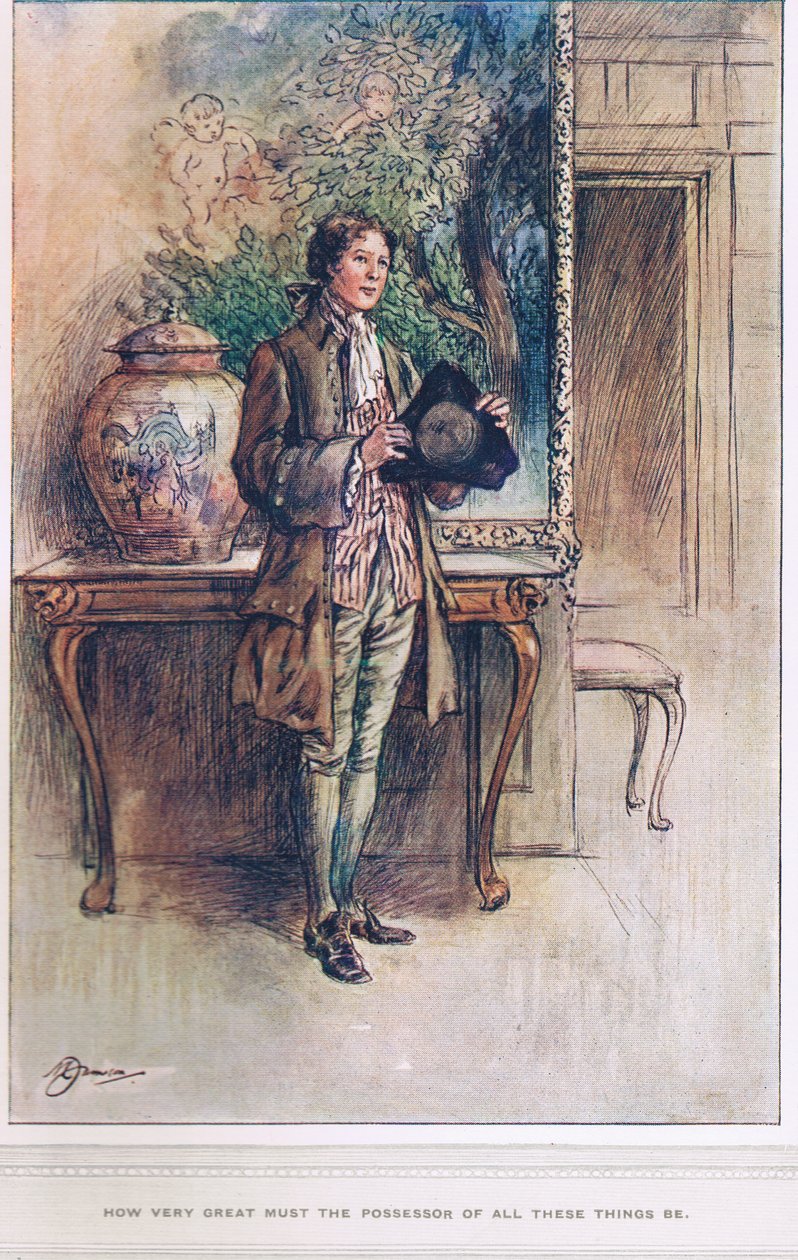 "Hvor stor må ejeren af alle disse ting ikke være", illustration fra "The Vicar of Wakefield" af Oliver Goldsmith, ca. 1910 af Margaret Jameson