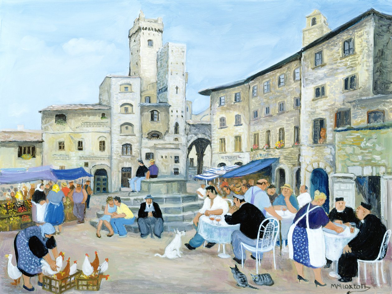 Frokost på en markedsplads i Toscana (olie på lærred) af Margaret Loxton