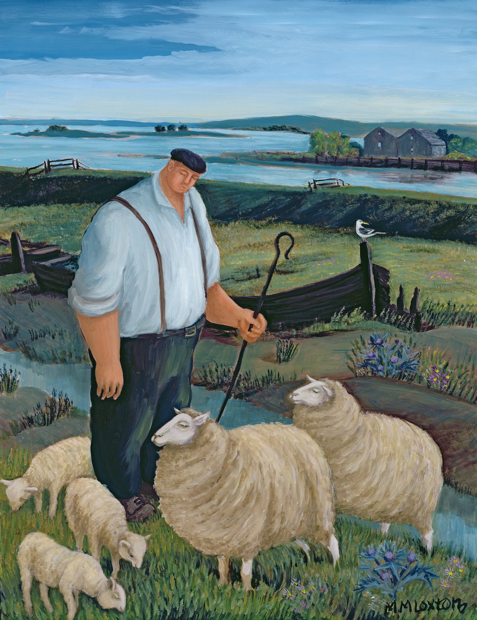 Hyrde med får i flodlandskab af Margaret Loxton