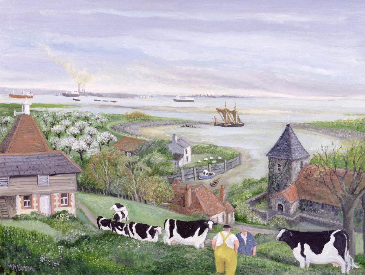 Thames Estuary Farm (olie på lærred) af Margaret Loxton