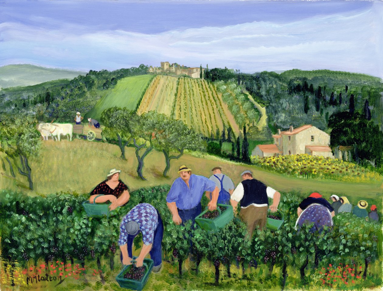 Vingård, oliven og solsikker (olie på lærred) af Margaret Loxton