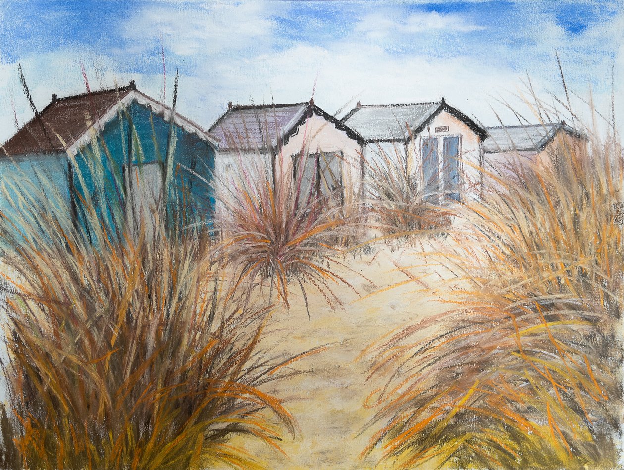 Beach Huts, Cornwall, 2022 (pastel) af Margo Starkey