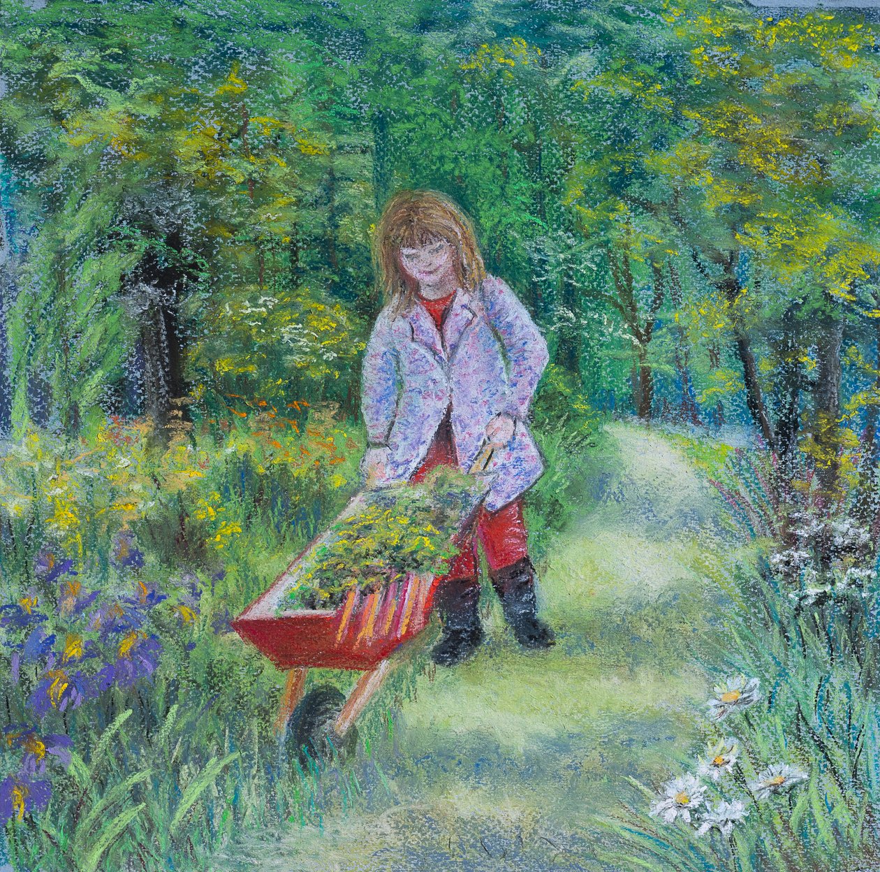 Hjælper bedstefar i haven, 2020 (pastel) af Margo Starkey