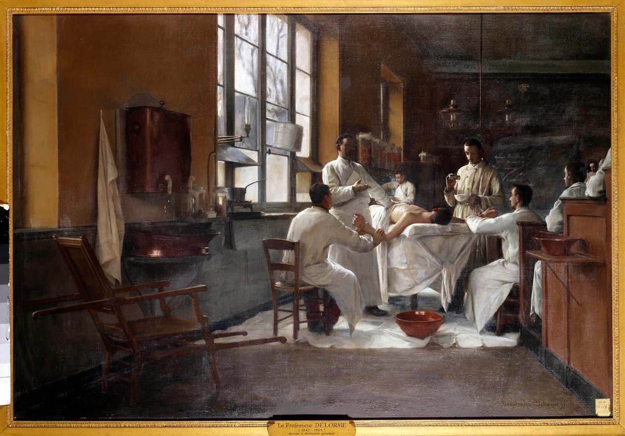 Professor Edmond Delorme (1847-1929) beskrev lungeudsmykning til praktikanter i Val de Grace-maleriet af Marguerite Delorme (1876-1946). 1894. Paris, musee du Val de Grace - Professor Edmond Delorme (1847-1929) demonstrerer lunge-dekortik af Marguerite Anne Rose Delorme