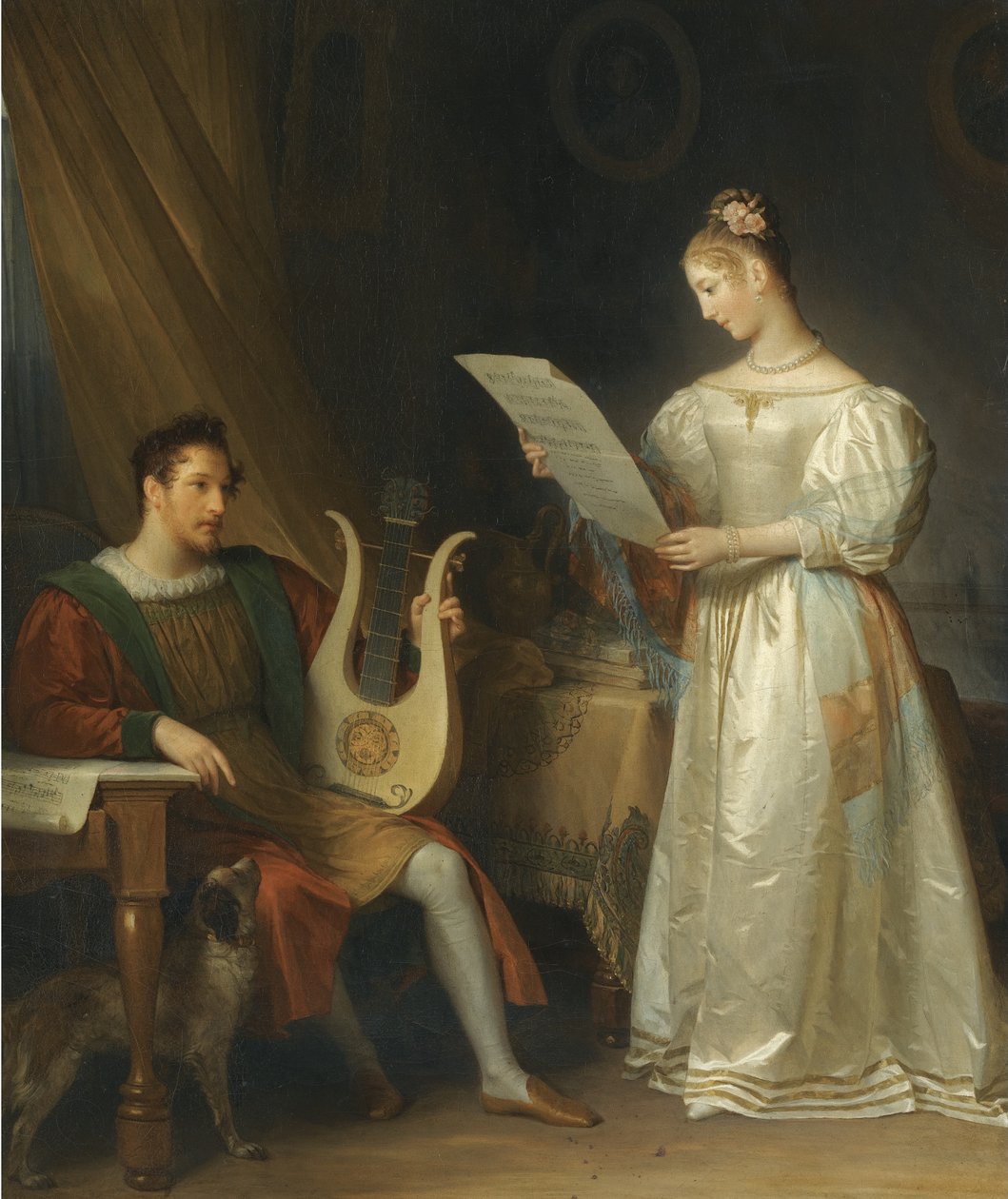 Interiør med en mand med en lyre og en kvinde med et partitur af Marguerite Gerard