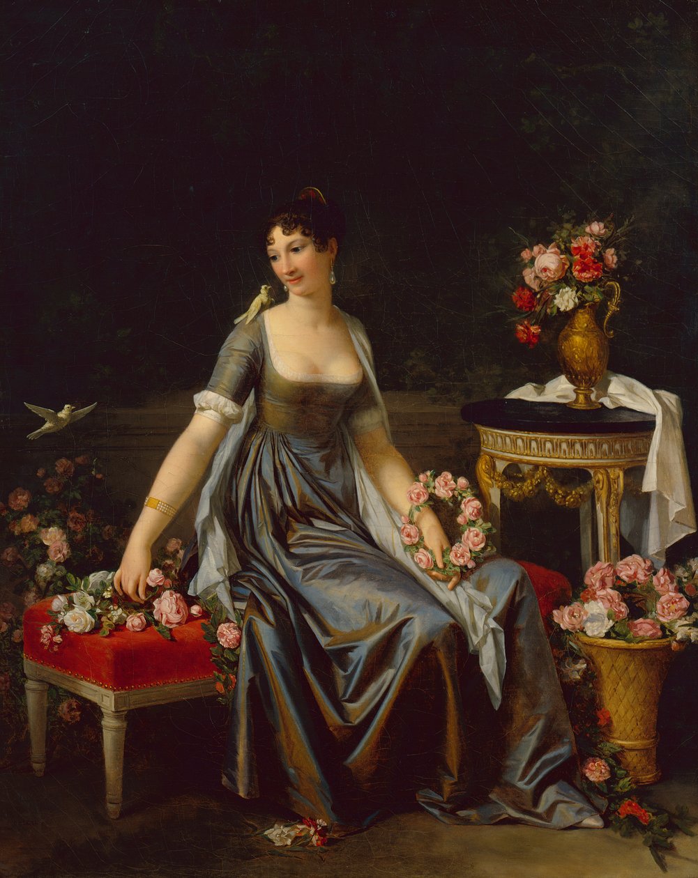 Portræt af en dame, omgivet af blomster og fugle, ca. 1800 (olie på lærred) af Marguerite Gerard