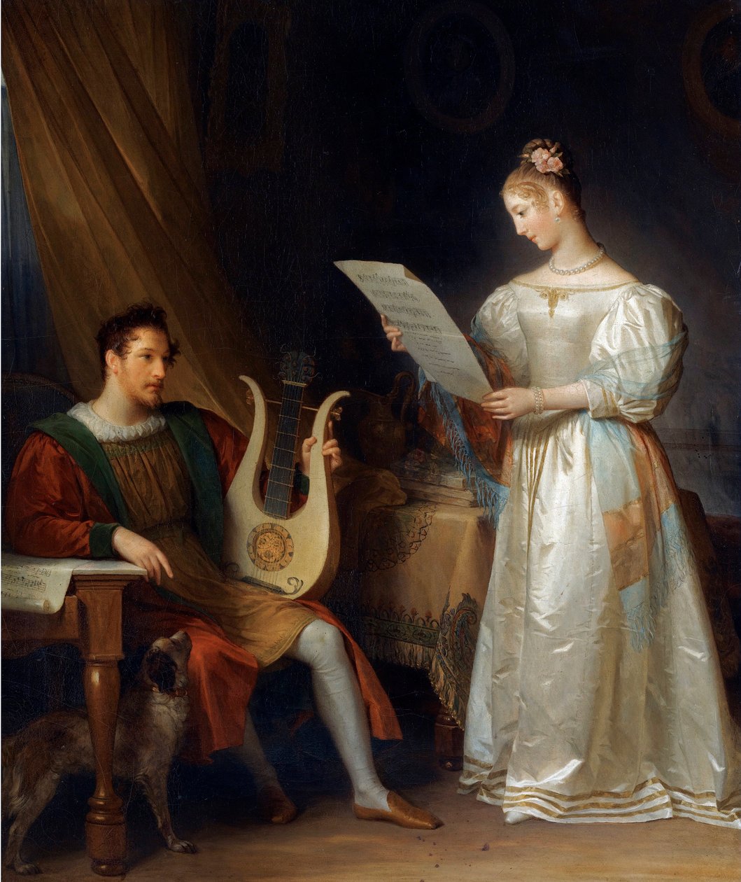 ""En mand, der holder en lyre og en kvinde, der holder et partitur i et interiør"" (Interiør med en mand, der holder en lyre og en kvinde med et partitur) Maleri af Marguerite Gerard (1761-1837), - Olie på lærred Dim 64 ,5x55cm Privat samling af Marguerite Gerard