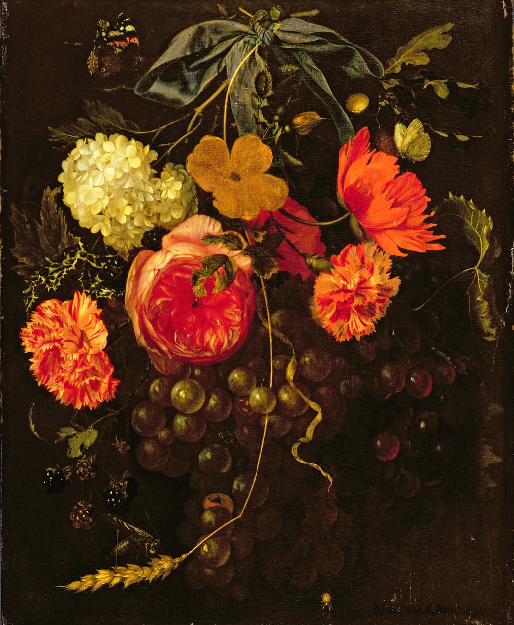Stilleben med en swag frugt og blomster bundet med et blåt bånd af Maria van Oosterwyck