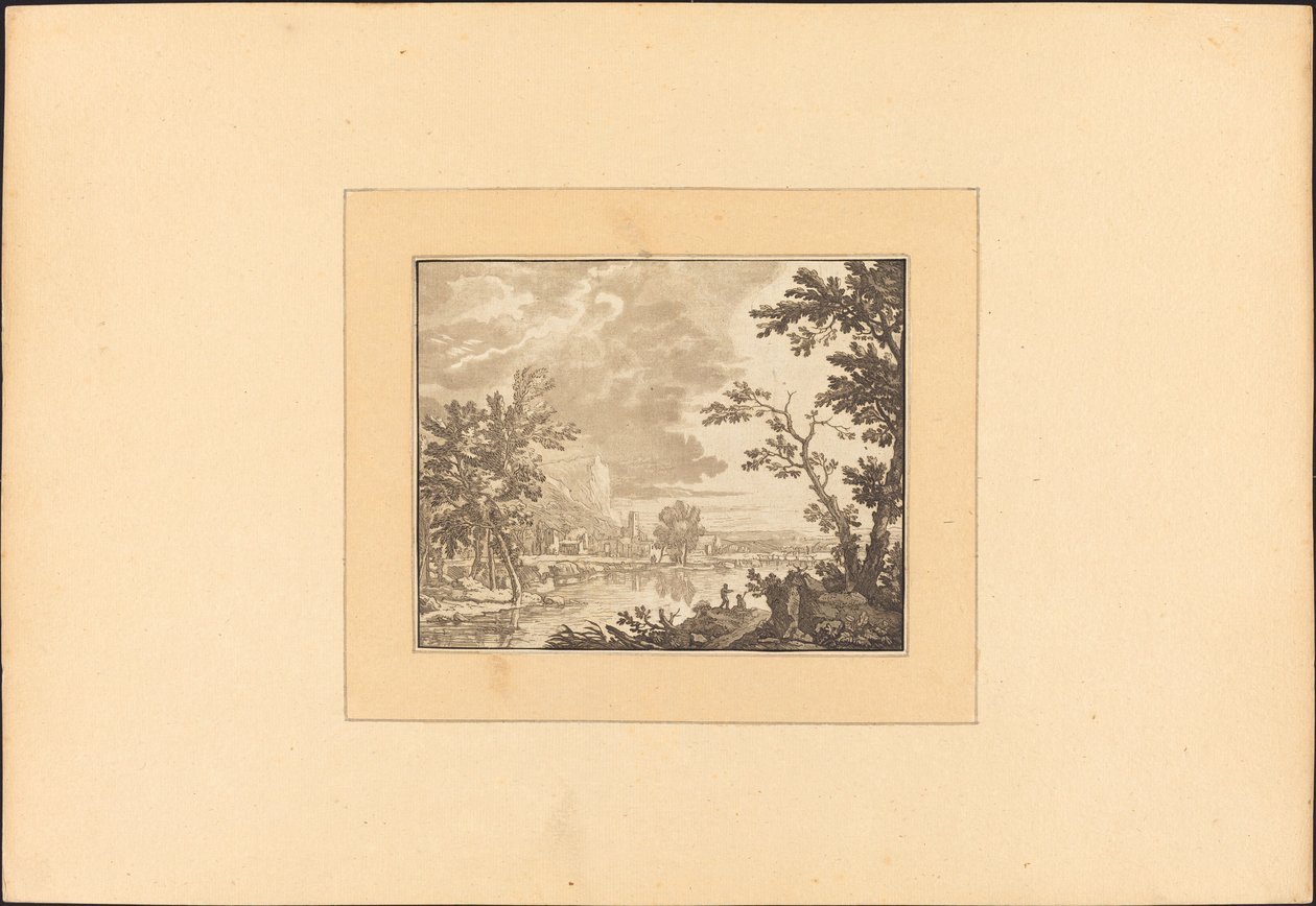 Landskab med flod og by af Maria Catharina Prestel after Jan van Huysum