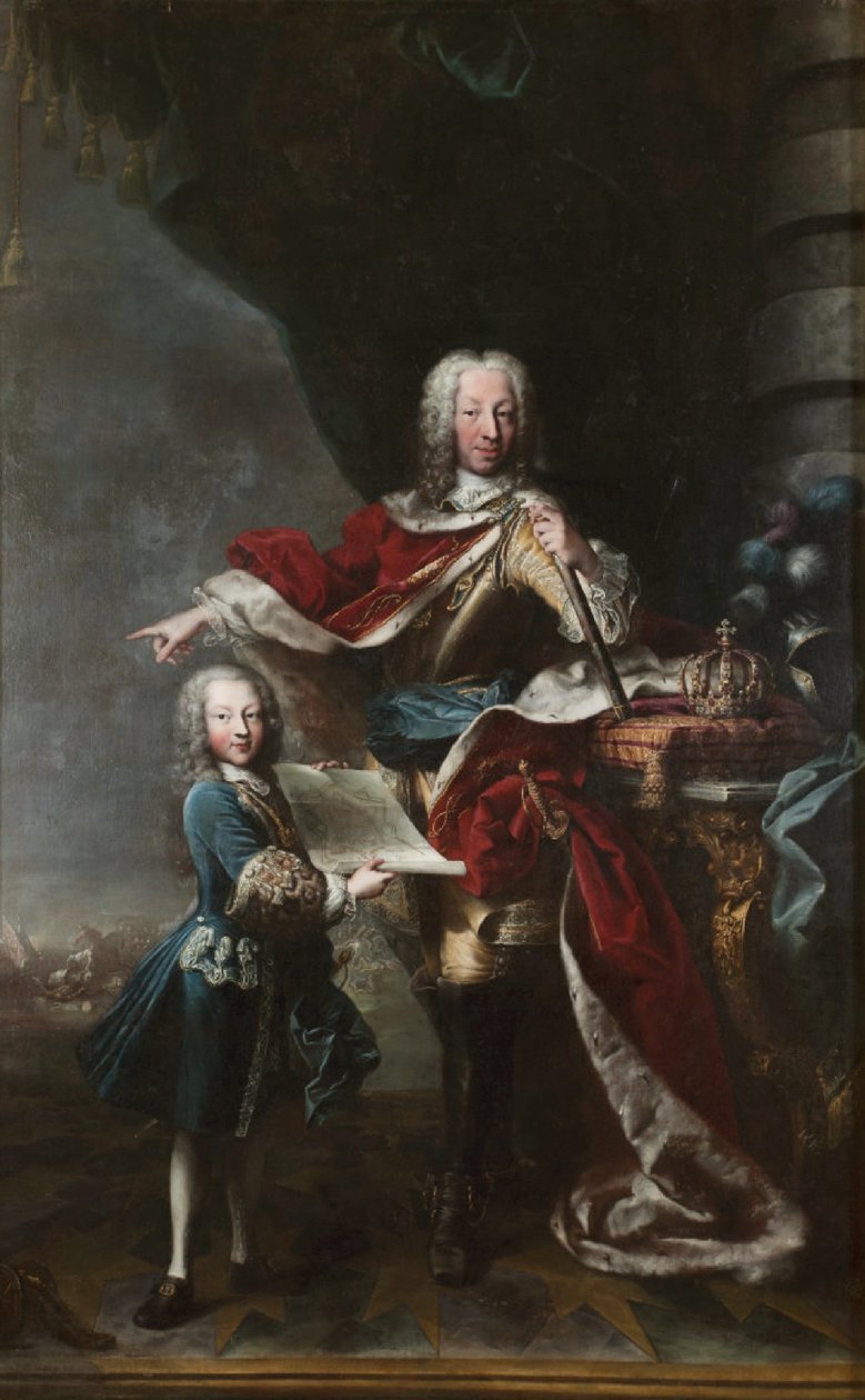 "Victor Amadeus III viser som barn sin far Charles Emmanuel III af Savoyen kortet over Milano Slot. portræt af Charles Emmanuel III og Victor Amadeus III af Savoyen". af Maria Giovanna Clementi