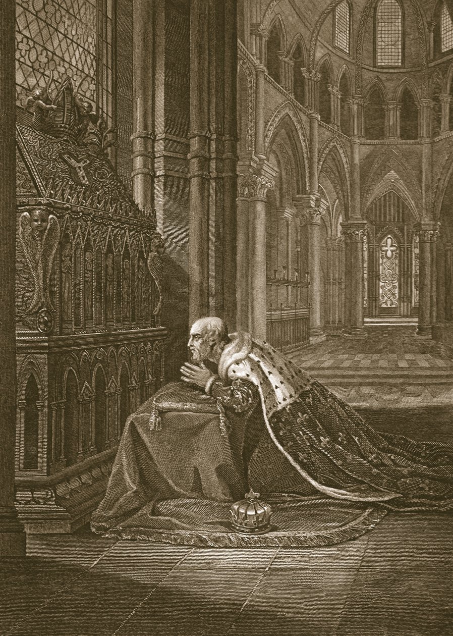 Lewis VII, konge af Frankrig, før Becketts grav, indgraveret af W. Sharp, illustration fra David Humes 