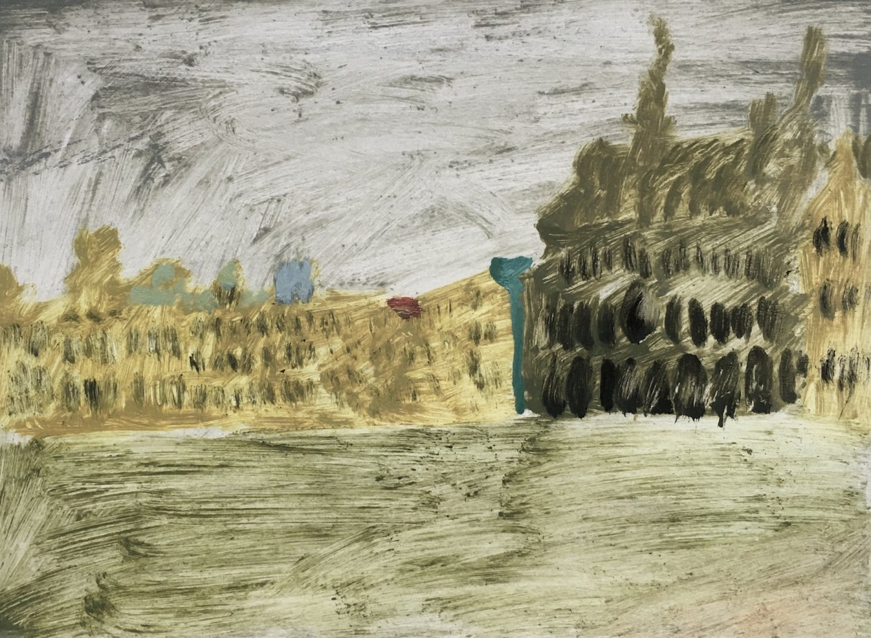Golden Yellow Landscape of Brussels, 2019 (olie på papir) af Maria Magenta