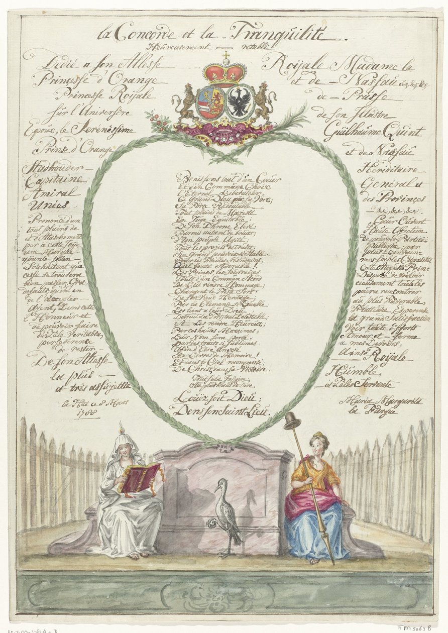Vers for prinsesse Wilhelmina på 40-års fødselsdag for prins William V, 1788 la Concorde et la Tranquilité (titel på objekt) af Maria Margaretha la Fargue