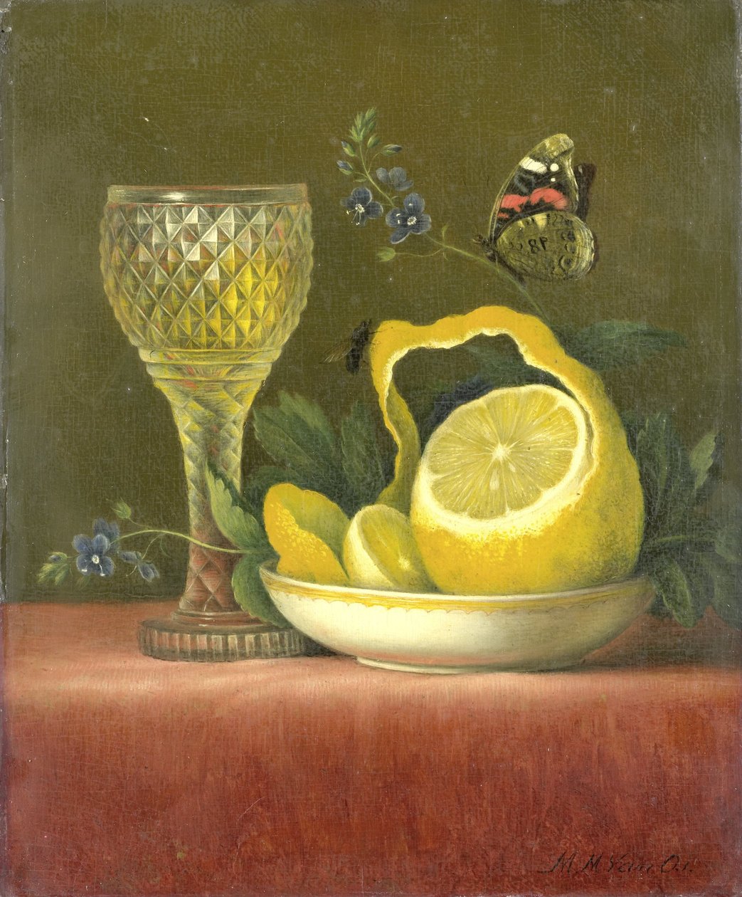Stilleben med citron og skåret glas af Maria Margaretha van Os