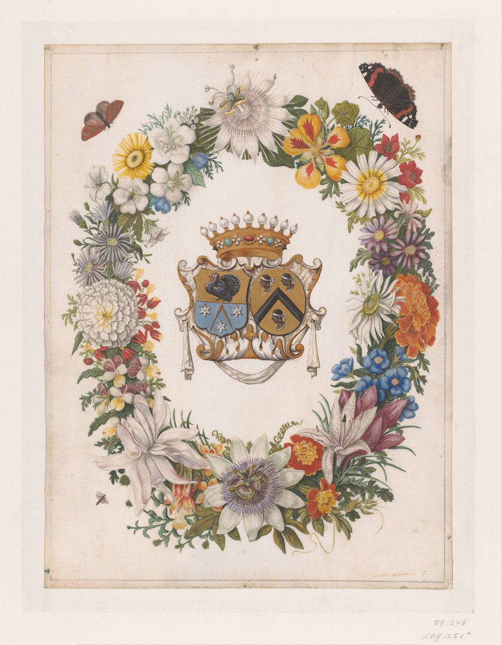 Alliancens våbenskjold af Cornelis Calkoen og Maria van der Merct Alliancens våbenskjold af Cornelis Calkoen og Maria van der Merct i en krans af blomster af Maria Moninckx