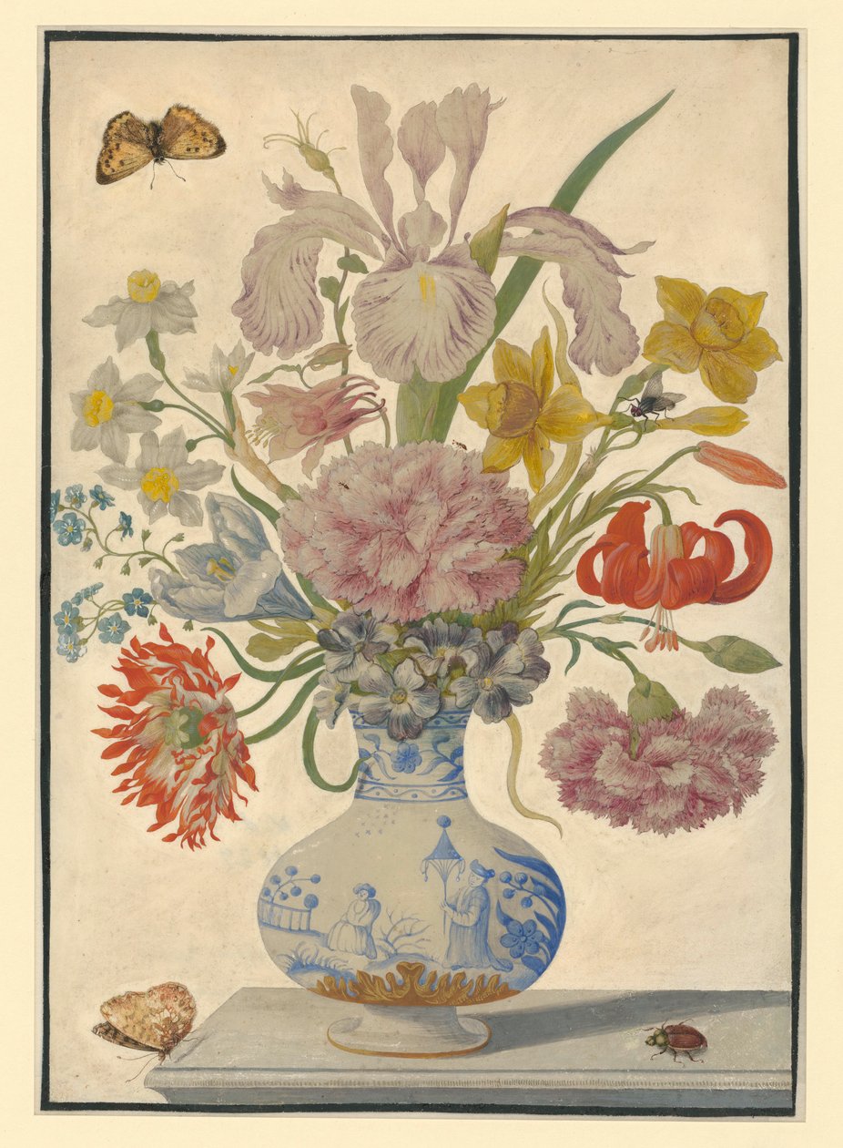 Kinesisk vase med iris, liljer og nelliker. På bordet ses en sommerfugl til venstre og en oldenborre til højre af Maria Sibylla Merian