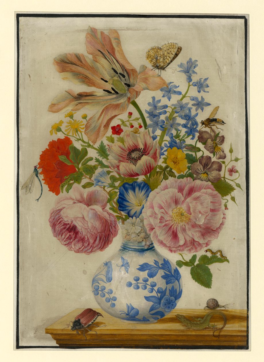 Kinesisk vase med roser, valmuer og nelliker af Maria Sibylla Merian