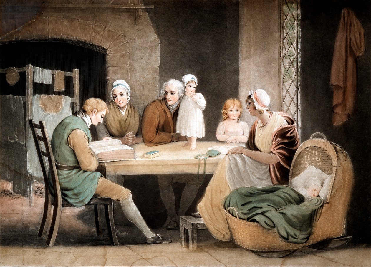 Tre generationer lytter til en oplæsning fra familiebibelen, ca. 1800 af Maria Spilsbury