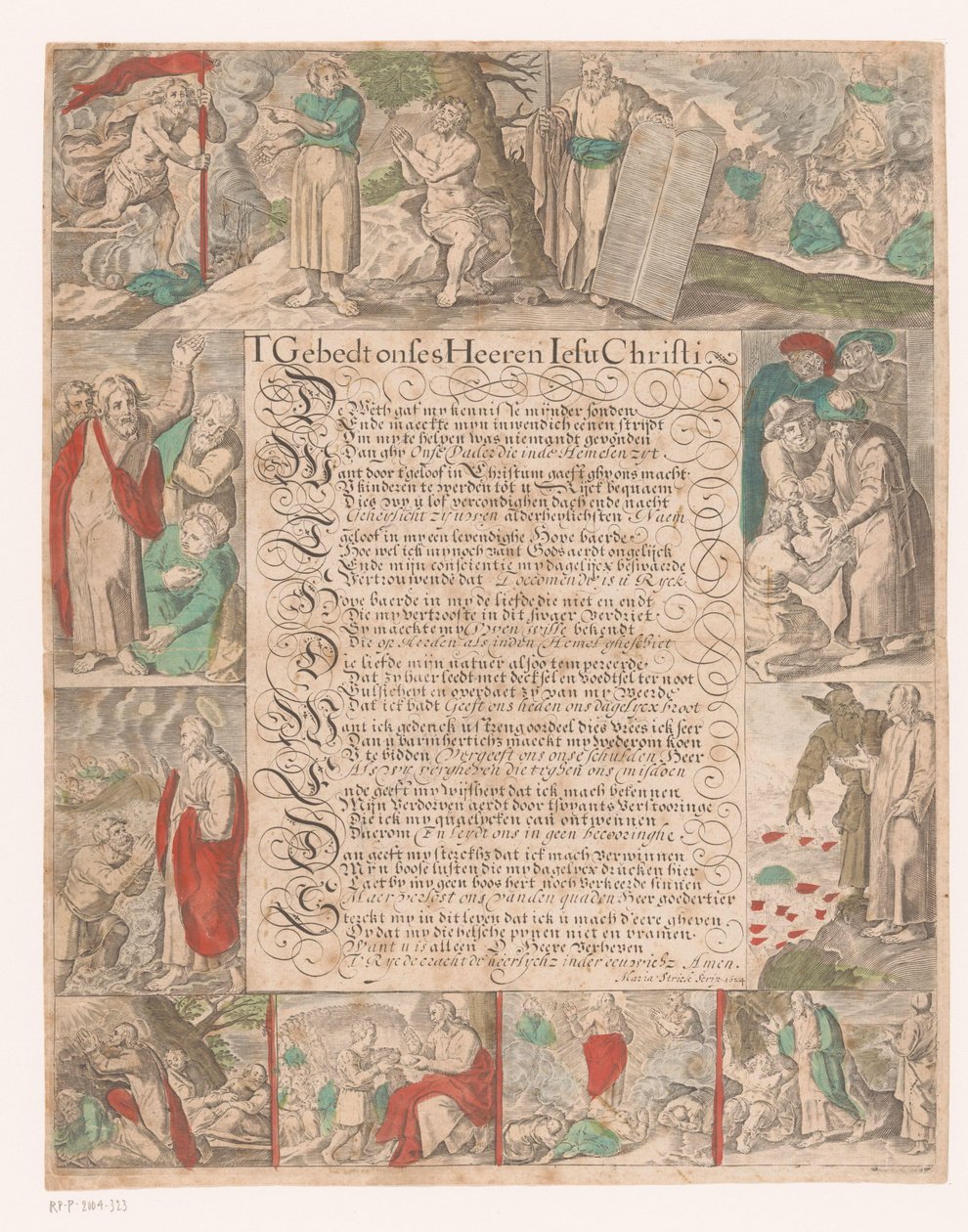 Kalligraferet tekst, der skildrer scener fra Kristi liv T Prayer Onses Heeren Iesu Christi (titel på objekt) af Maria Strick Becq