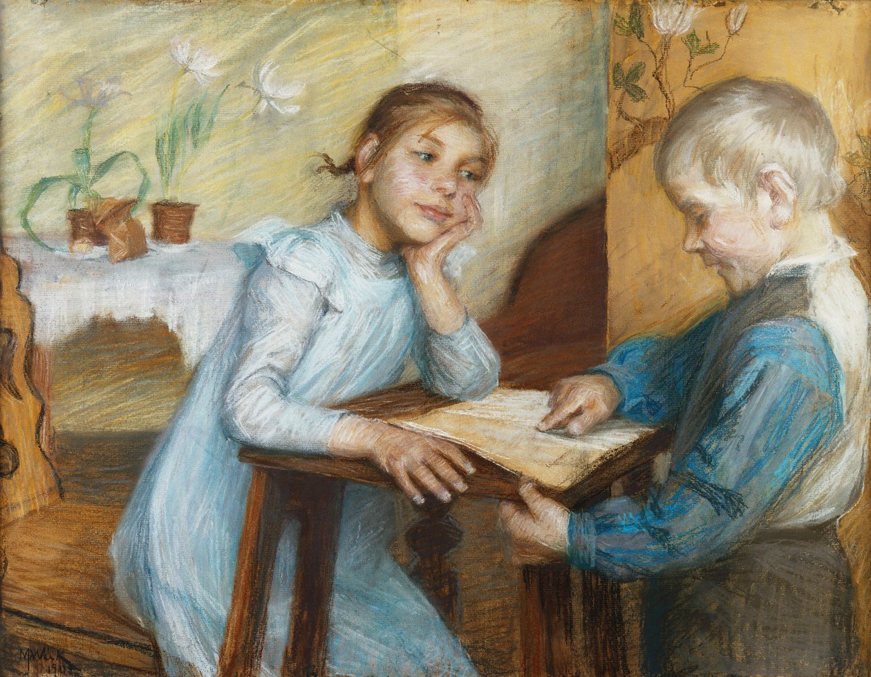 Et interiør med en dreng, der læser for en pige, 1912 af Maria Wiik