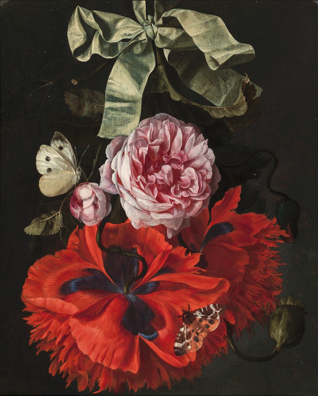 Roser og nelliker hængende fra et grønt bånd med en møl og en sommerfugl (olie på panel) af Maria van (studio of) Oosterwyck