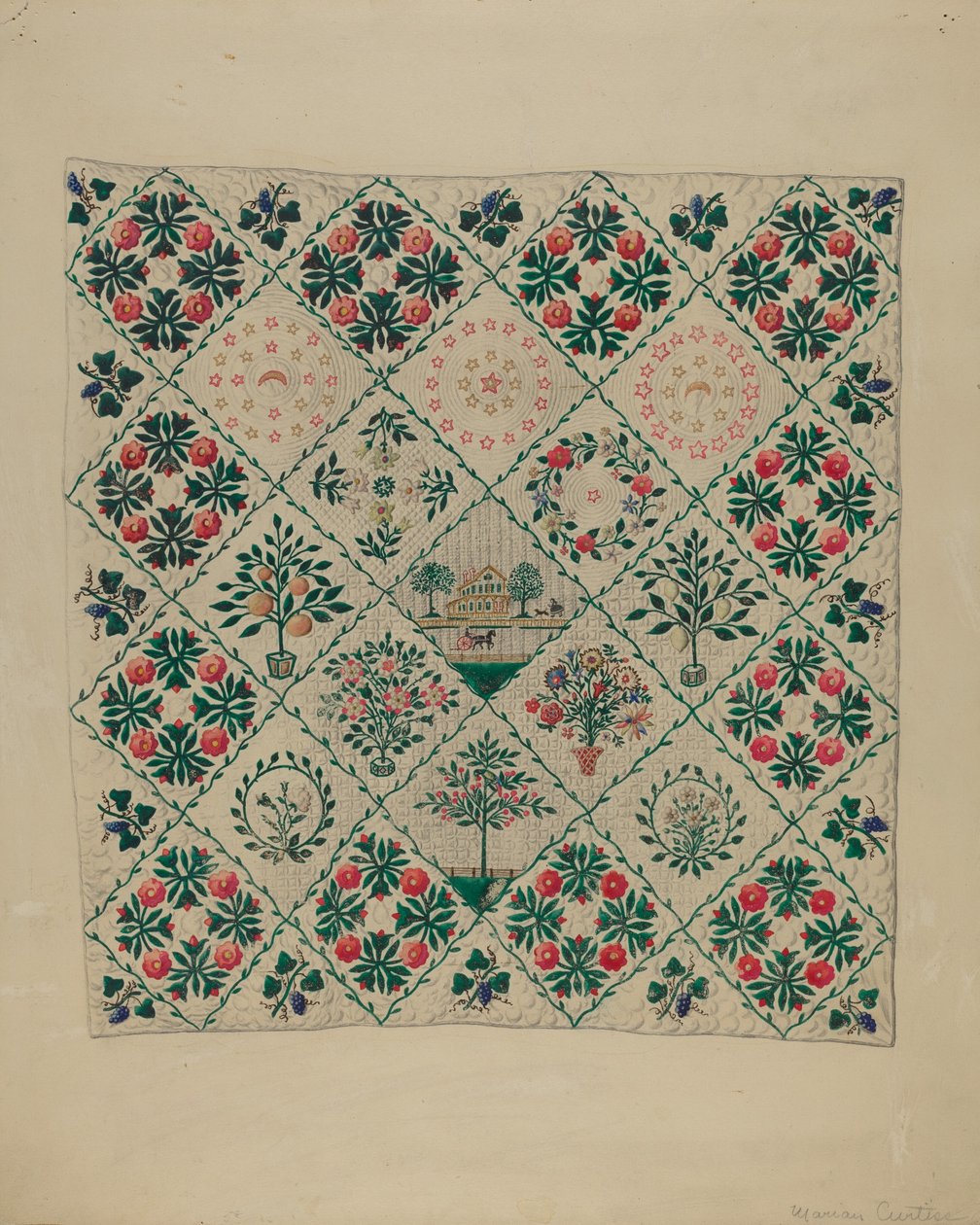 Broderet applikationsdyne af Marian Curtis Foster