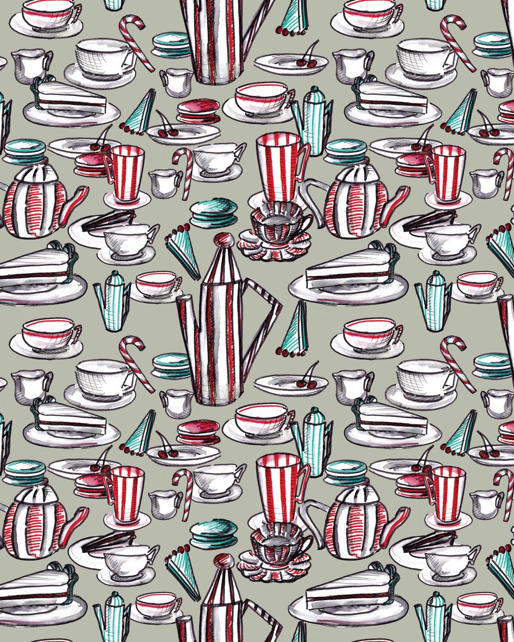 Candy Stripe Tea Party, 2020 (akvarel, pen, på papir) af Marianna Kulukundis