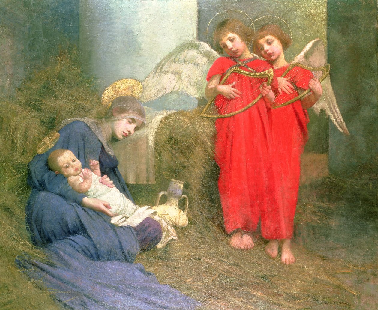 Engle, der underholder det hellige barn, 1893 af Marianne Stokes