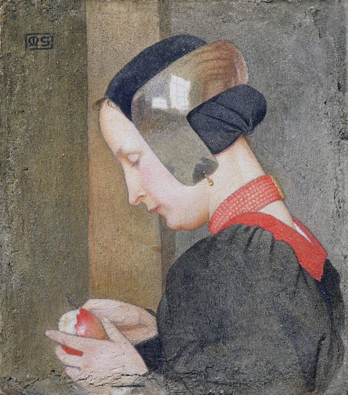 Portræt af en dame, der skræller et æble (tempera på gessoed panel) af Marianne Stokes