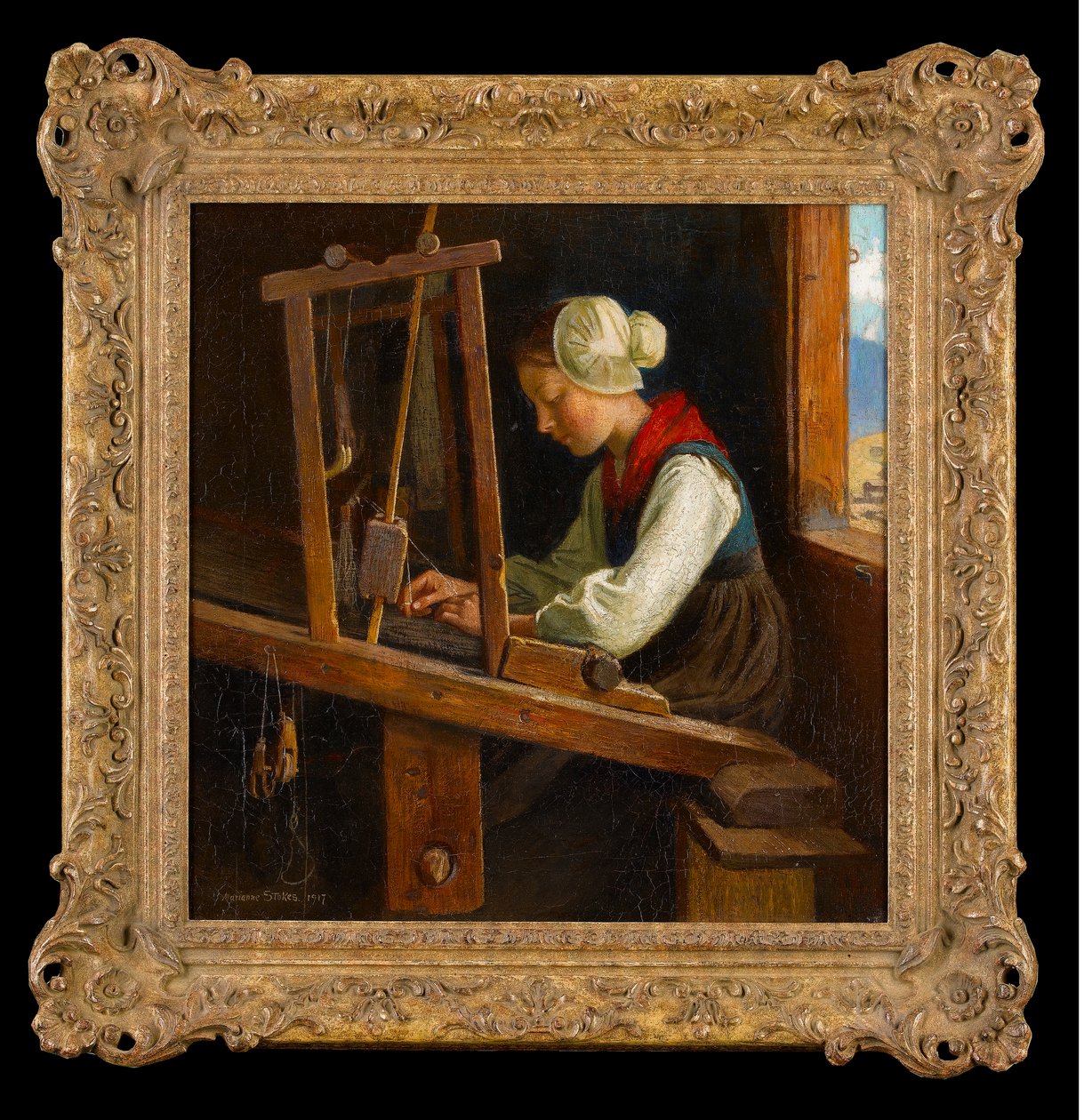 Væveren: En væver i en hytte i de østrigske alper, 1917 af Marianne Stokes