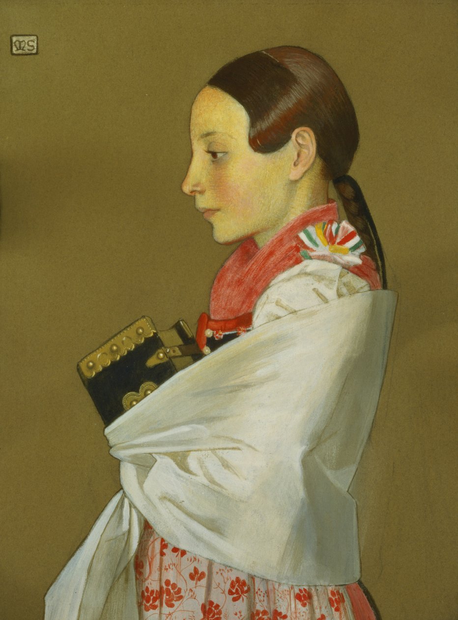Ung pige fra Menguszfalva går i kirke, ca. 1905-07 (kul og gouache på papir) af Marianne Stokes