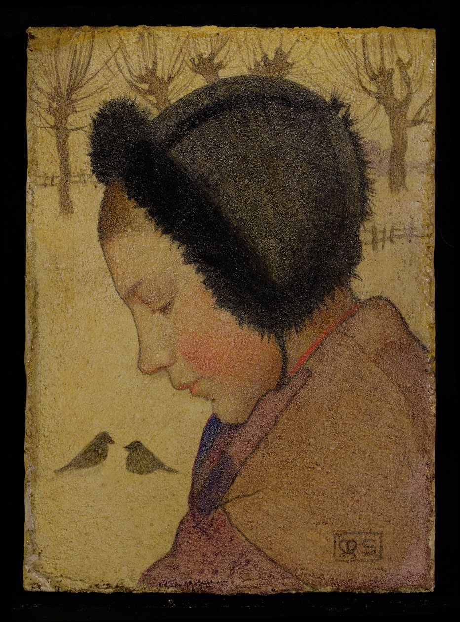 Hoved af en ung pige i en pelshat (olie og gesso ombord) af Marianne Stokes