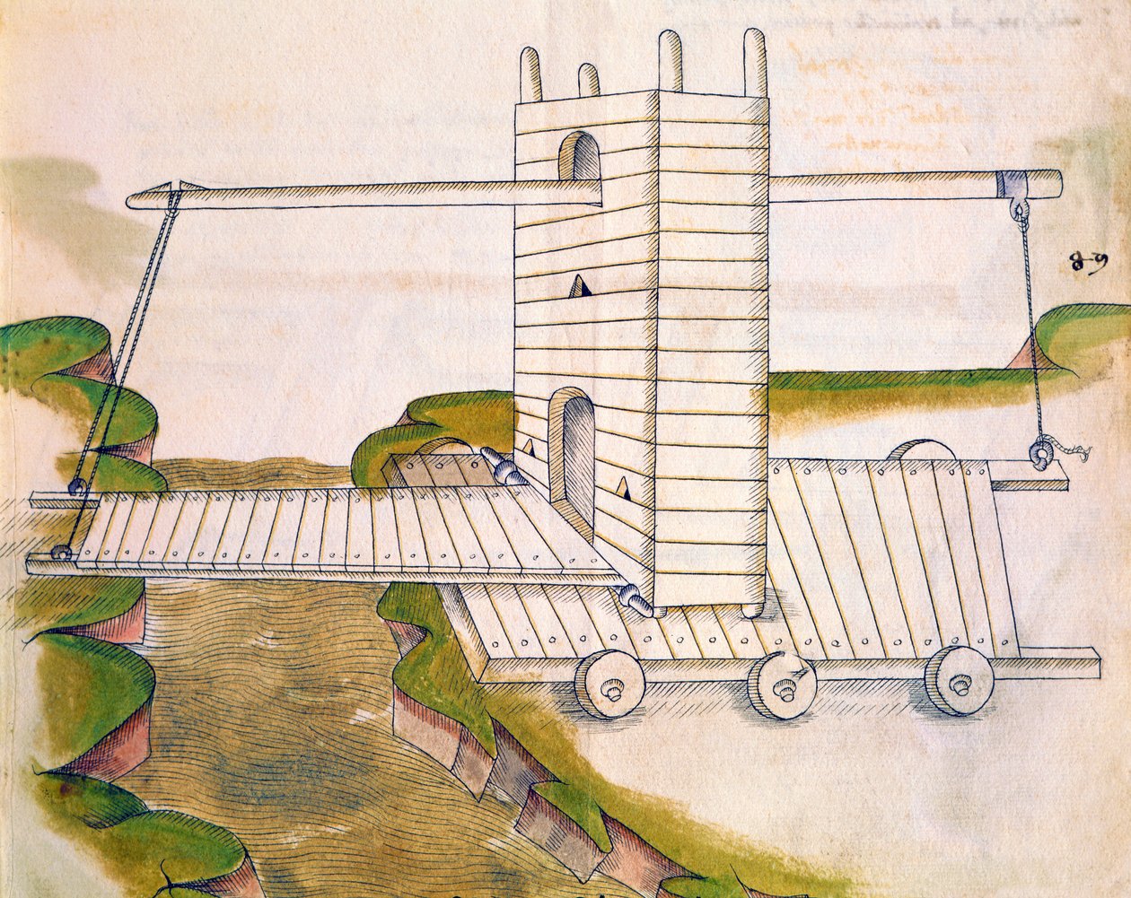 Design til en maskine med vindebro på hjul til brug i krigsførelse eller belejringer, illustration fra De Machinis (pen og blæk og wc på papir) af Mariano di Jacopo 1382 c.1453 after Mariano di Jacopo 1382 c.1453 after