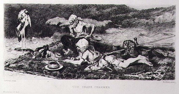 The Snake Charmer, graveret af Emile Boilvin (1845-99) (gravering) af Mariano (after) Fortuny