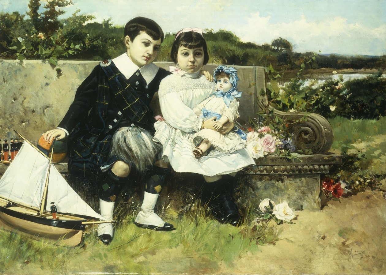 To børn siddende på en parkbænk, 1882 af Mariano Barbasan Lagueruela