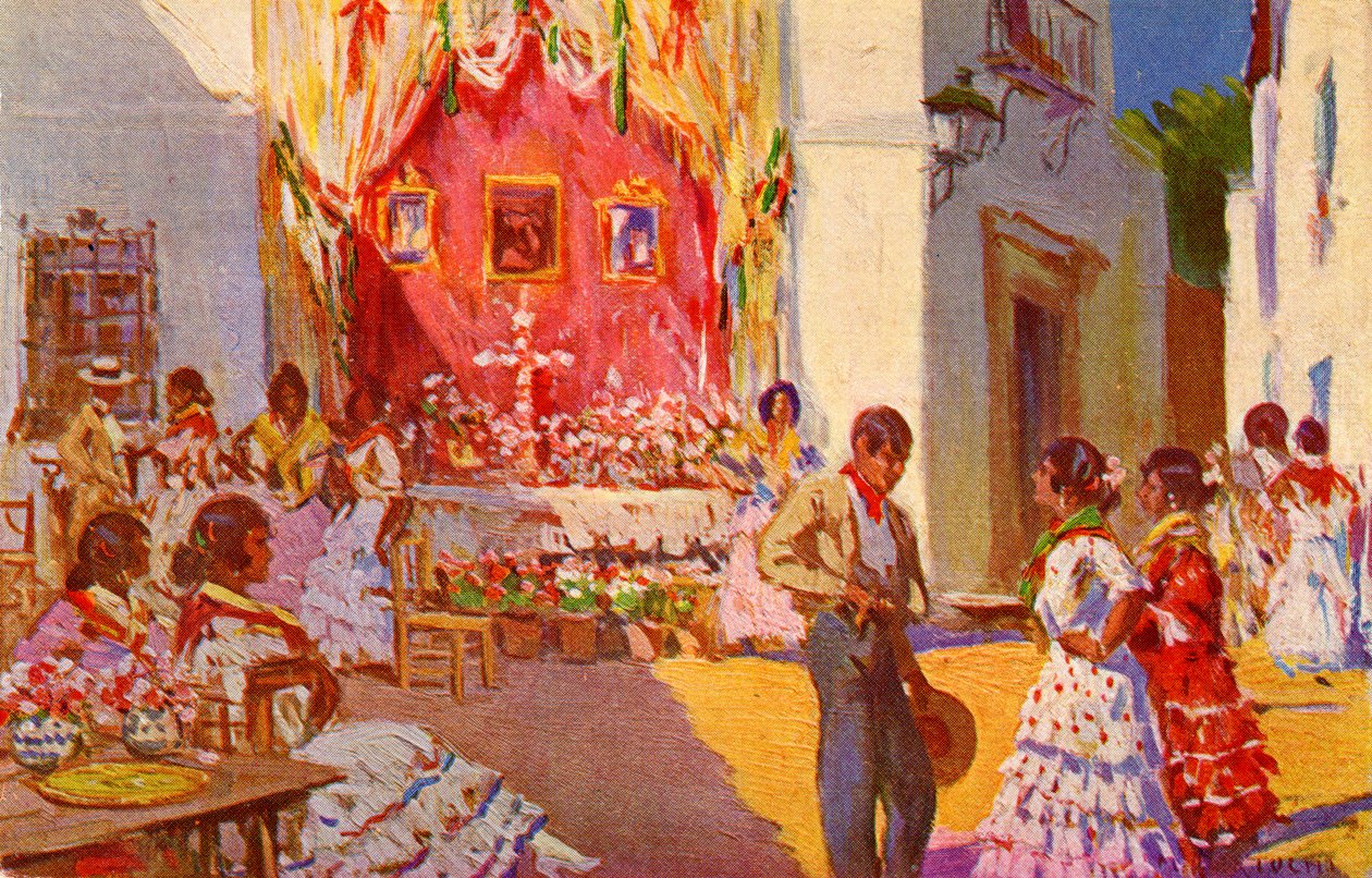 Gadealter til la Cruz de Mayo-festivalen. Sevilla, Spanien (illustration) af Mariano Bertuchi
