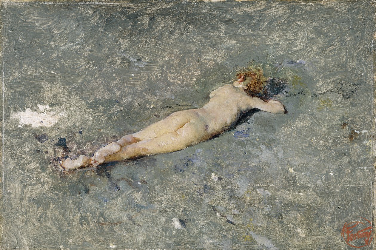 Nøgent barn liggende på stranden ved Portici (Nøgen på stranden ved Portici) - Maleri af Mariano Fortuny (1838-1874) af Mariano Fortuny y Marsal