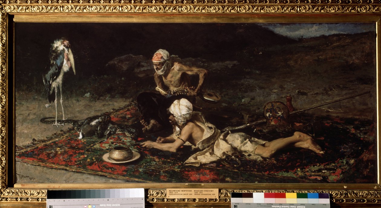 ""Slangetæmmerne"" Hinduiske slangetæmmere tilbyder en kanin til slangen (hinduistiske slangetæmmere) . Maleri af Mariano Fortuny y Marsal (1838-1874) af Mariano Fortuny y Marsal